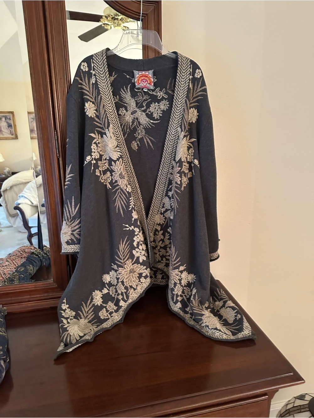 Johnny Was Embroidered Camille Grey Cardigan Waterfall Open Front